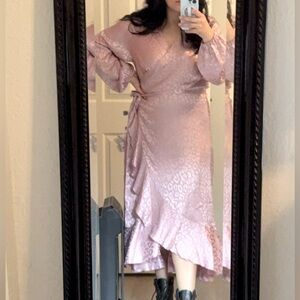 Pink Silky Wrap Dress with Ruffled Hem